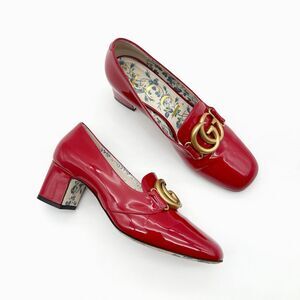 GUCCI Victoire Marmont GG Red Vernice Heel Size 37.5 Patent Leather Loafers
